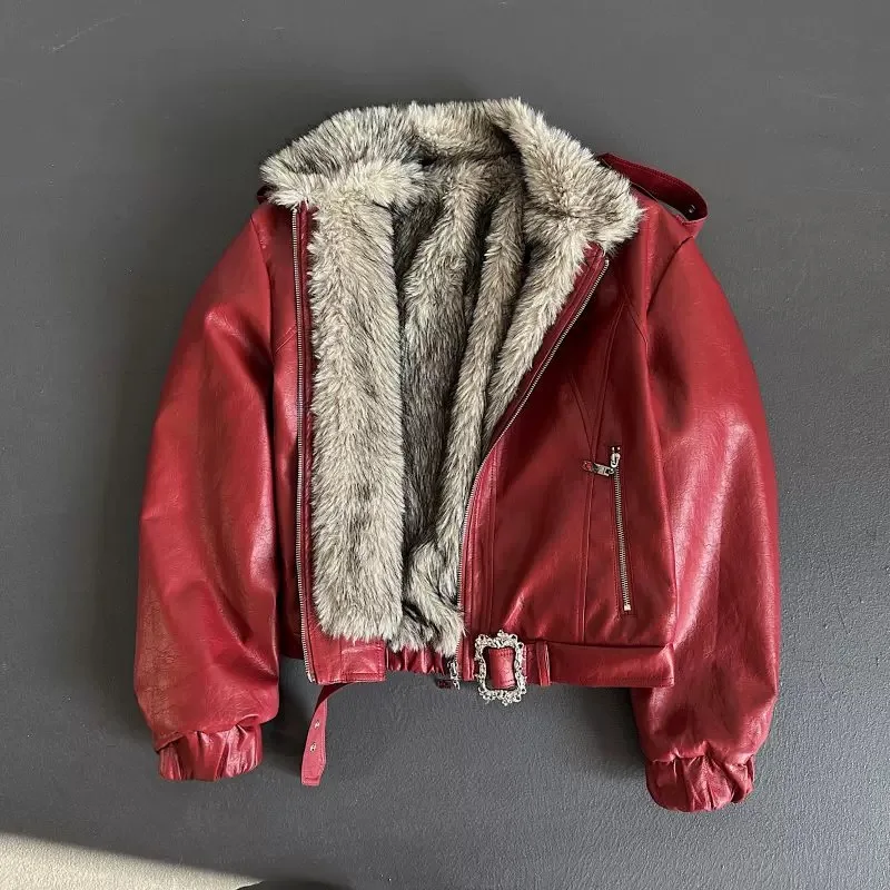 Red Black White Faux Fur Leather Jacket Men Women Thick Winter Coat