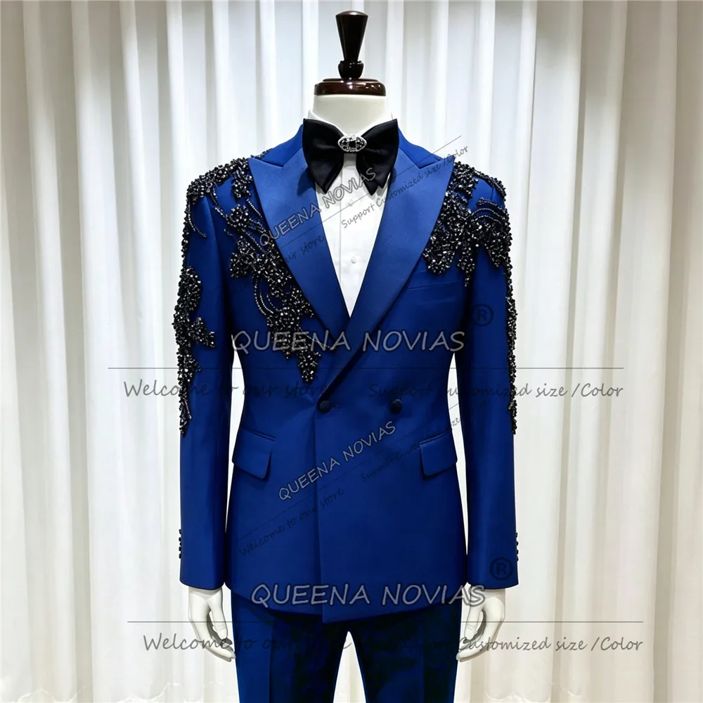 Luxury Men's Suit 2 Pieces Sets Baeded Stones Appliques Prom Blazer Pants Customized Groom Formal Wear Wedding Tuxedos Slim Fit