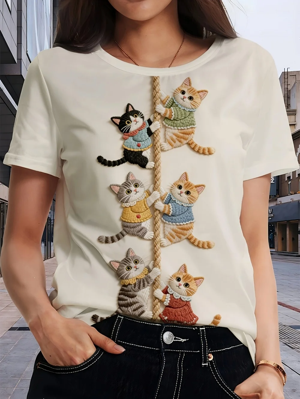 Women's Playful T-Shirt Cartoon Cat Pattern Tops Summer O-Neck Short Sleeve Tees Female Harajuku Street Y2k Oversized Clothing