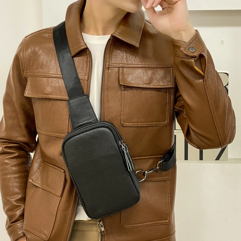 2023 Fashion Popular Men Geniune Leather Bags Cellphone Students Crossbody Adjustable Sling Small Multi-function For Shopping