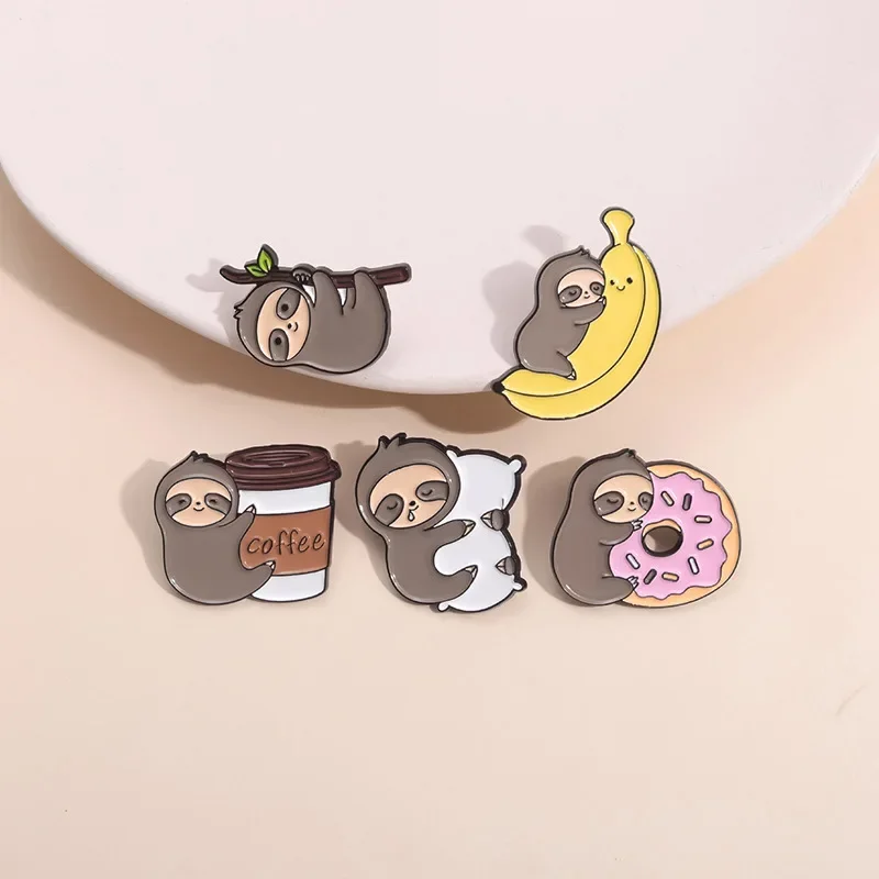 5 Pcs Cute Animal Sloth Brooch Fruit Banana Coffee Donut Enamel Pin Metal Badge Accessories Decoration Jewelry