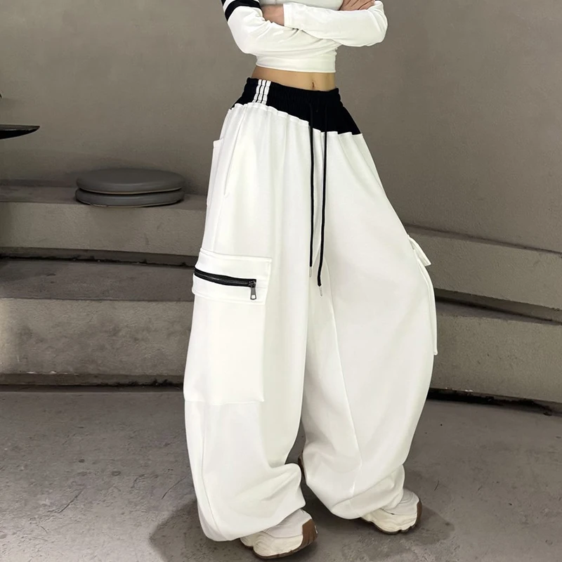 Streetwear Loose Patchwork Trouser Women Autumn Chic Casual Pocket Cargo Pant High Waist Hip Hop Oversize Lace Up Wide Leg Pant