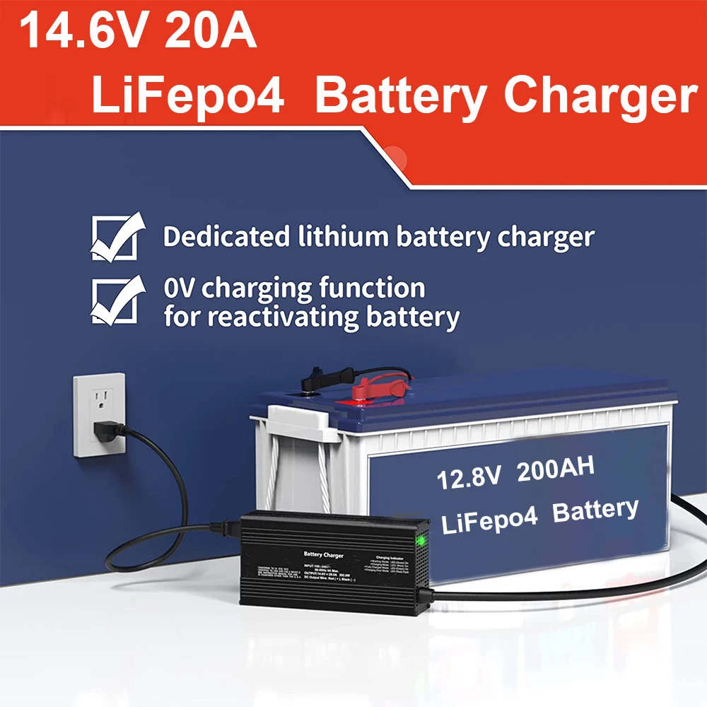 12V 20A 14.6V LiFePO4 Battery Charger with Alligator Clips for 12.8V Cars Trucks and Motorcyles, Automotive Essentials