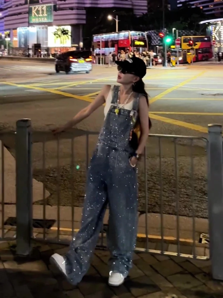 

Тяжелая промышленность, блестящие синие ковбойские брюки с бриллиантами, женские повседневные модные прямые широкие брюки в пол