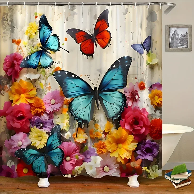 4pcs Colorful Butterfly & Blooming Flowers Shower, Polyester, Decorative Bathroom With Hooks, Vibrant Floral Decor For Home
