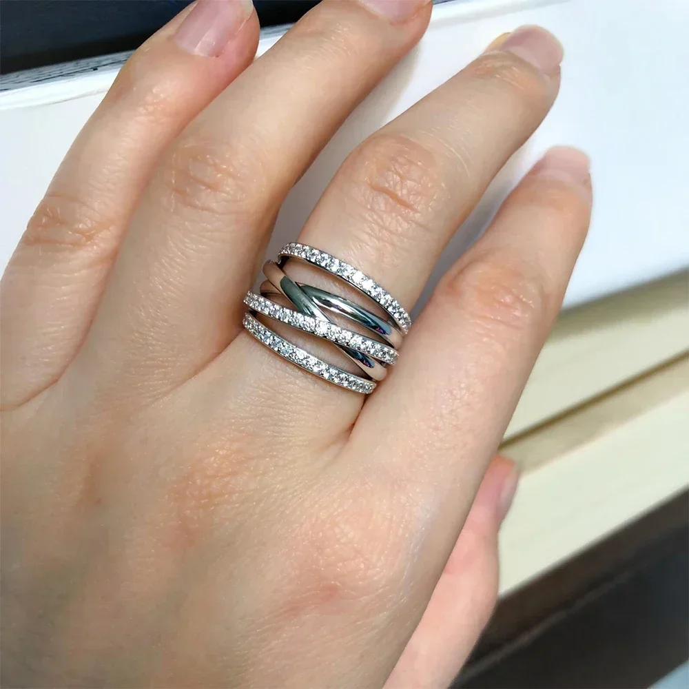 Huitan Multi Line Design Rings for Women Silver Color Fashion Luxury Wedding Bands Finger Accessory 2024 Trend Female CZ Jewelry