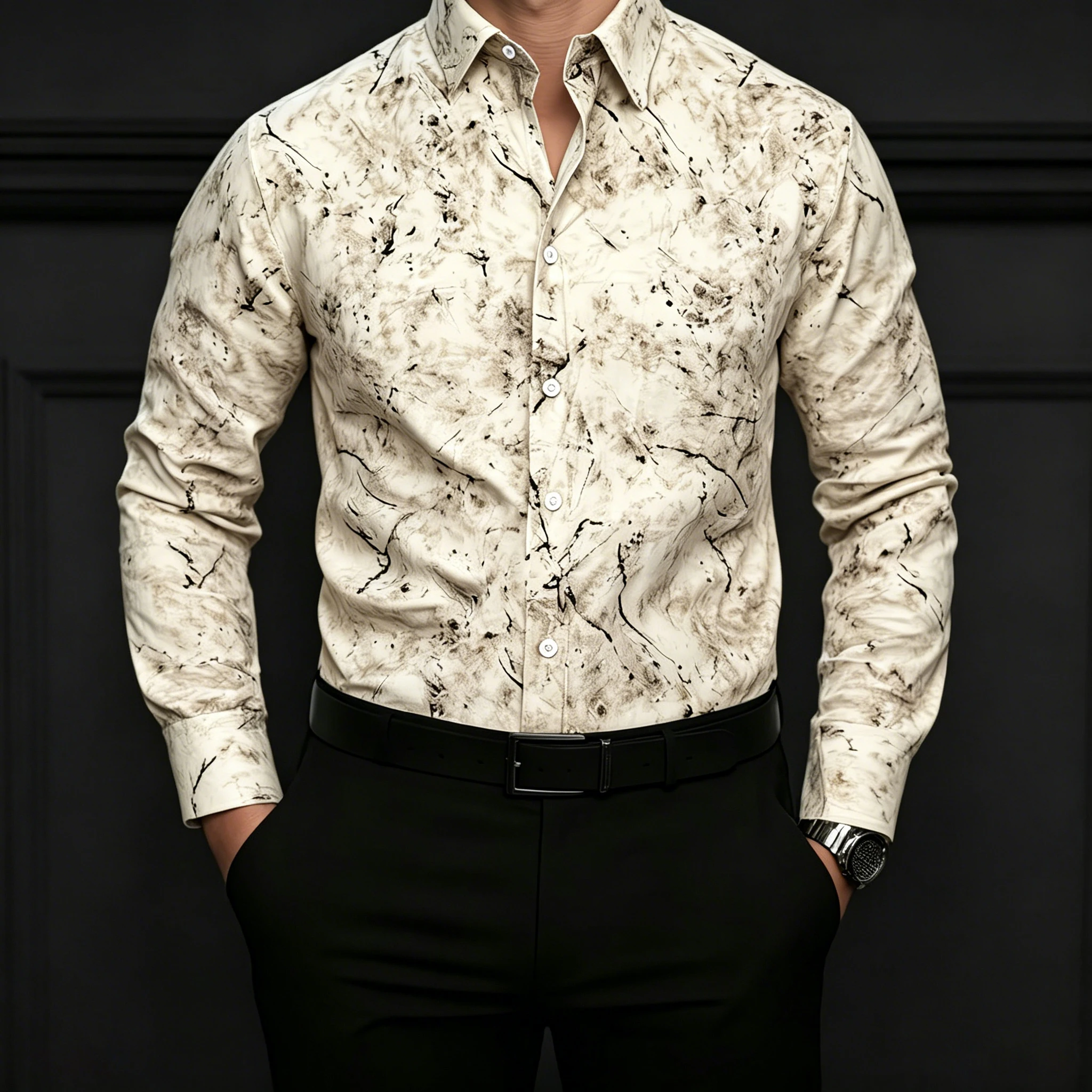 High-end, Light-Colored, Pebbly Textured Shirt for Men; Loose-Fitting, Long-Sleeved, Marble-Print, Versatile Top.