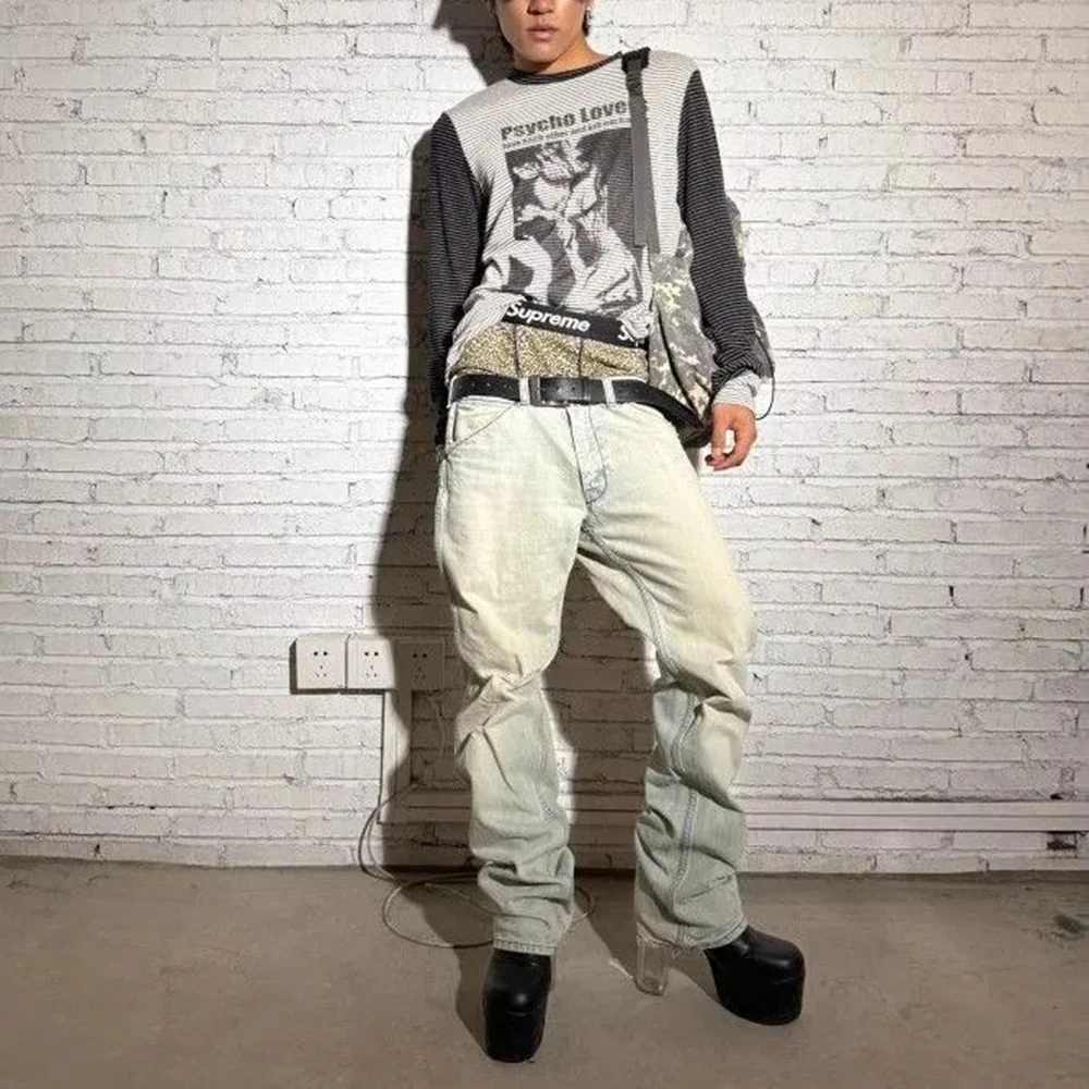 

Новая зимняя мужская футболка с длинным рукавом в полоску, в американском ретро-стиле, модная, трендовая, свободного кроя, повседневная, нишевая мужская верхняя одежда