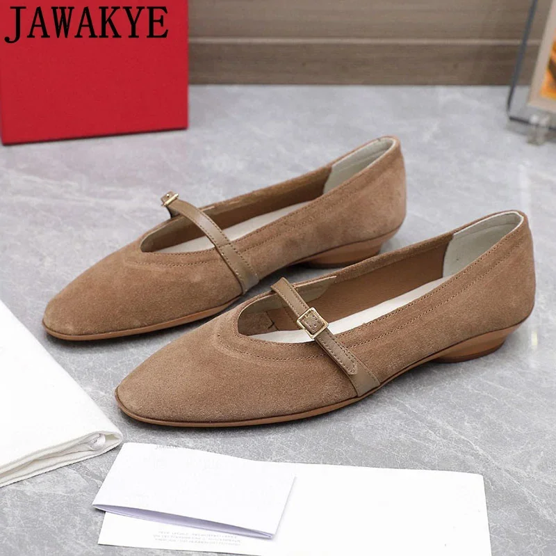 JAWAKYE Suede Leather Shallow Brown Flat Shoes Women Autumn Wrap Toe Grandma Shoes Designer Flat Walk Shoes Woman