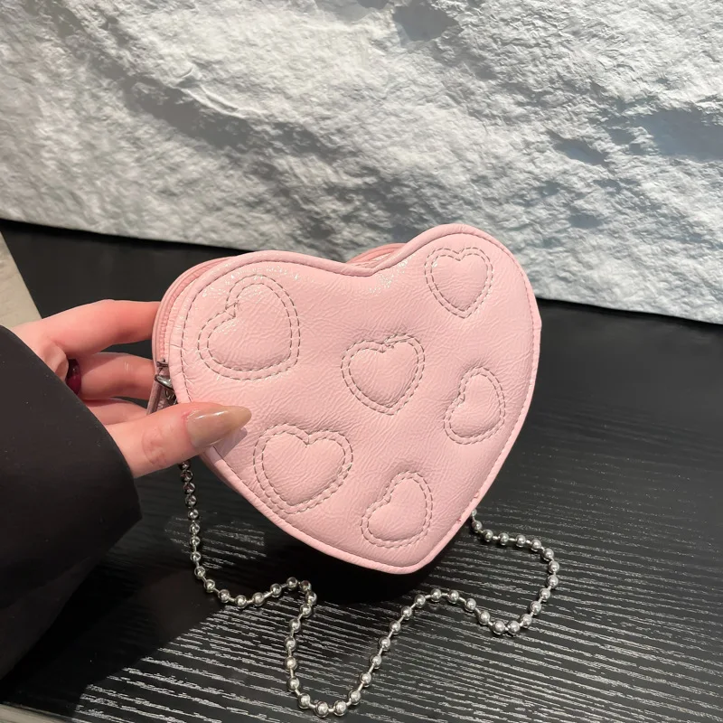 

Cute Mini Heart Shaped Chic Chain Crossbody Bag Women Fashion Embroidery Single Shoulder Purse Girls Small Handbag