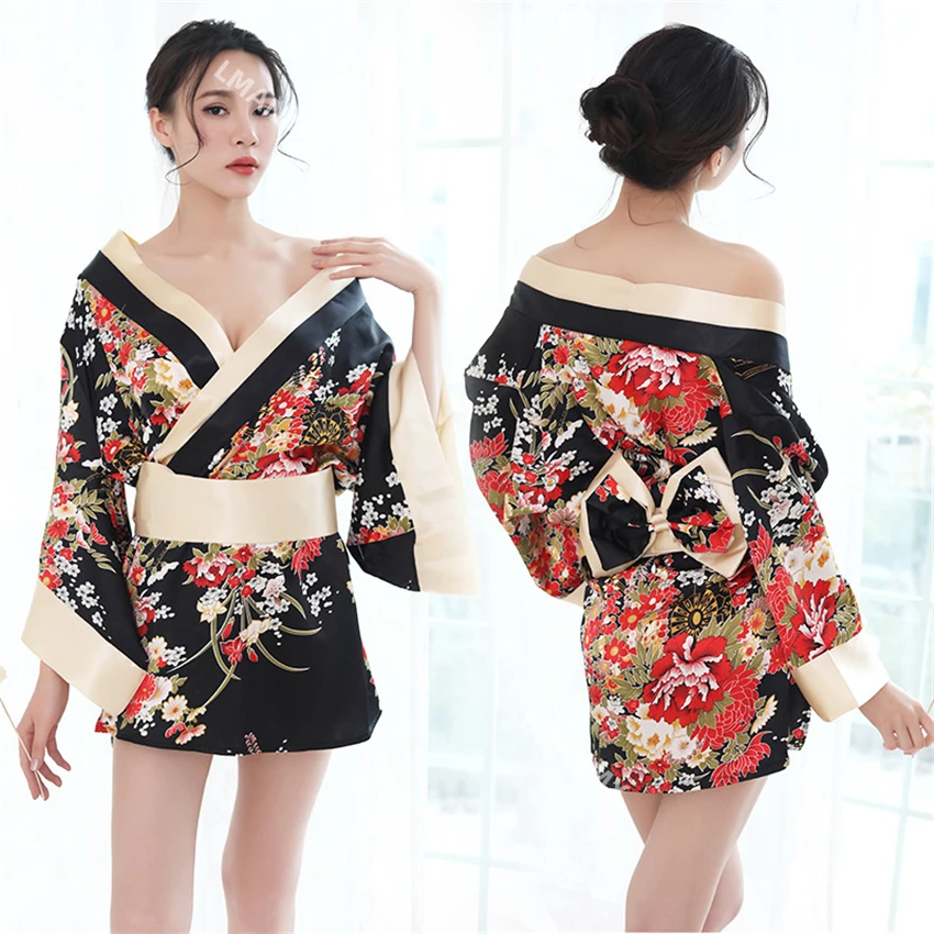 

Sexy Kimono Nightgown for Woman Japanese Floral Fashion Yakata Cardigan Haori Silk Sleepwear Leisure Wear Pajamas Dress