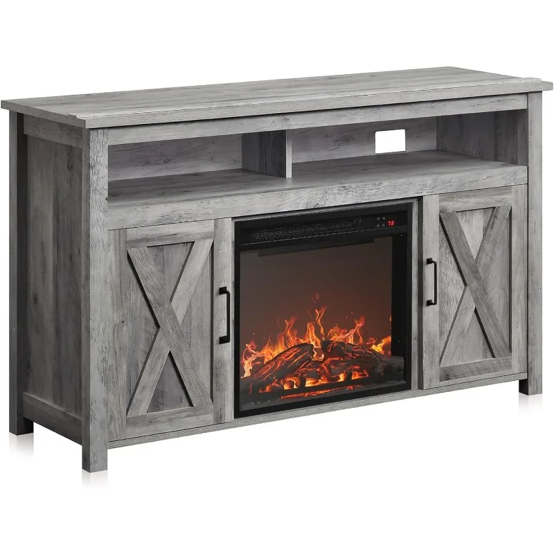 BELLEZE Modern 48" Barn Door Wood TV Stand with 18" Electric Fireplace Heater & Media Entertainment Center Console Table