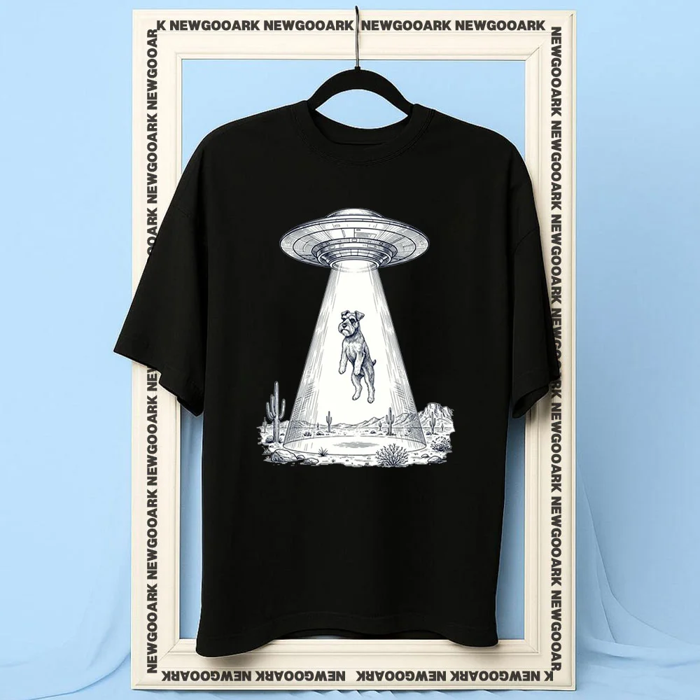 Vintage Miniature Schnauzer UFO Alien Western Dog Mom Dad Lover T-shirt Woman Man Summer Cotton Graphic T Shirts Adult