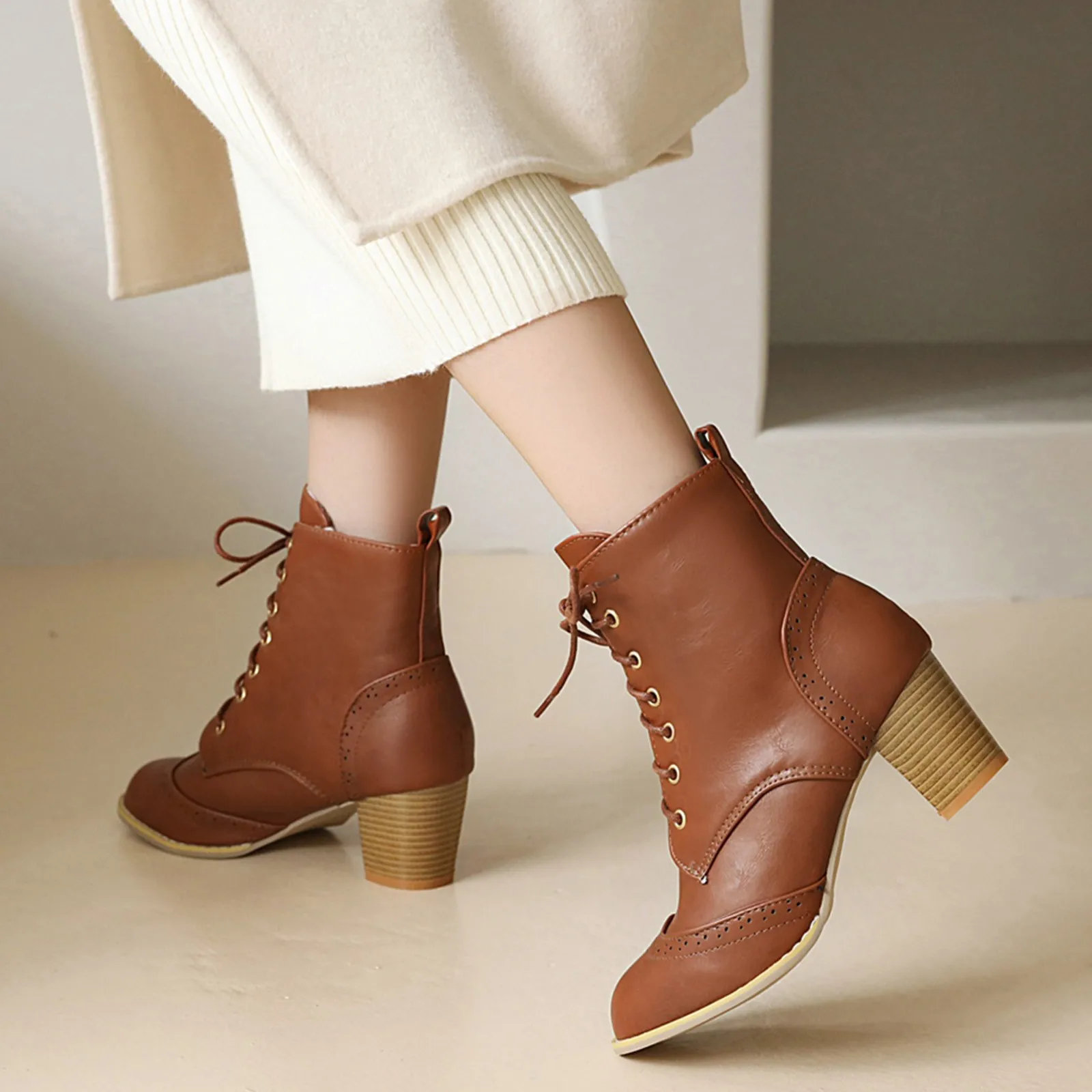 المرأة كعب سميك الدانتيل يصل الأحذية ، أحذية عالية قصيرة ، الطبعة الكورية ، محطة مستقلة ، الخريف والشتاء #4