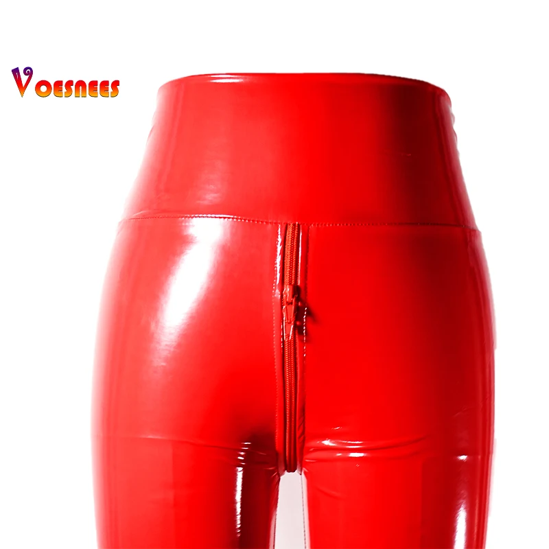 New Red Sexy Open Crotch Women Pants PU Double Zipper Bodycon Trousers Ladies Exotic Slim Nightclub Micro Elasticity Leggings