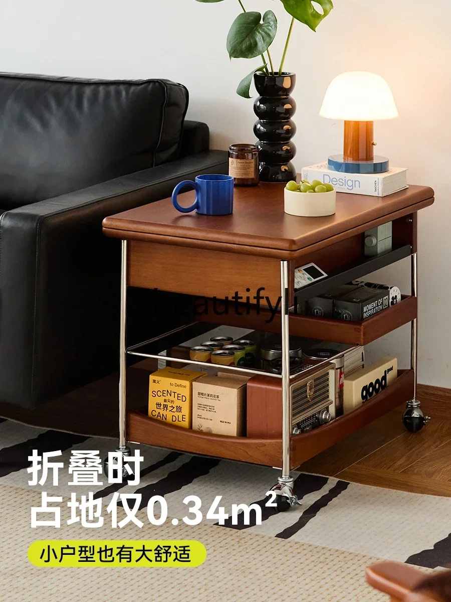 

XZQSolid wood coffee table household living room trolley antique movable folding sofa side table