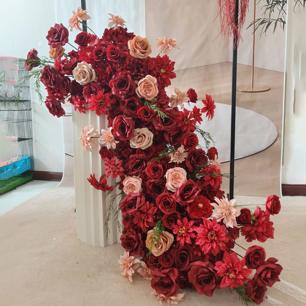 

Artificial Red Rose Green Plant Flowers Long Runner Row Outdoor Wedding Decor Dining Table Runner Decor Long Table Arch Rack