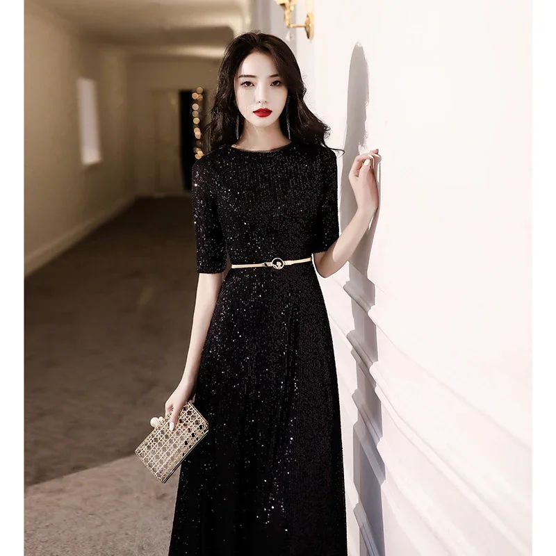 

U52 Sweet Memory Half Sleeves Black Long Evening Dresses Elegant Women O-Neck A-Line Sequin Formal Dress Party Gown