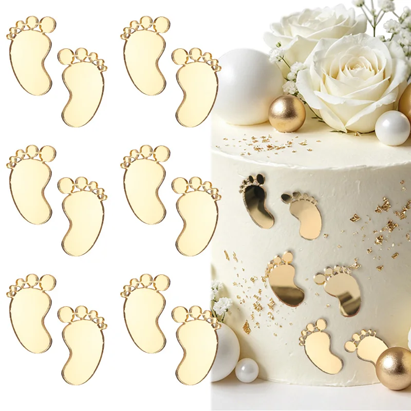 

6pcs Gold Mirror Acrylic Footprint Cake Toppers Footprint Shaped Cake Decor Baby Shower Gender Reveal Party Newborn Celebration