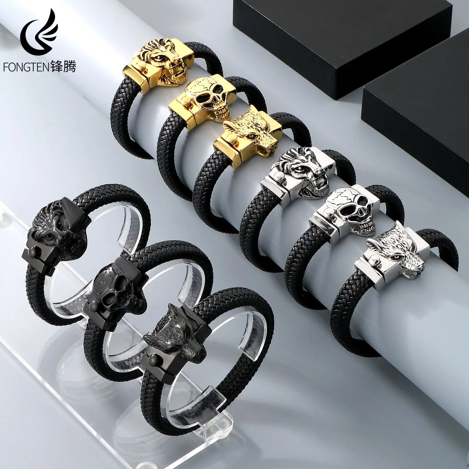 Fongten Animal Avatar Stainless Steel Leather Bracelet For Men Punk Rock Bracelet Halloween Decoration Fashion Jewelry Gifts