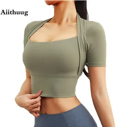 Aiithug Yoga Shirts gefälschte zweiteilige rechtwinklige Schulter hemden Gym Shirt Crop Workout Fitness Tops Yoga Crop Top Kurzarm