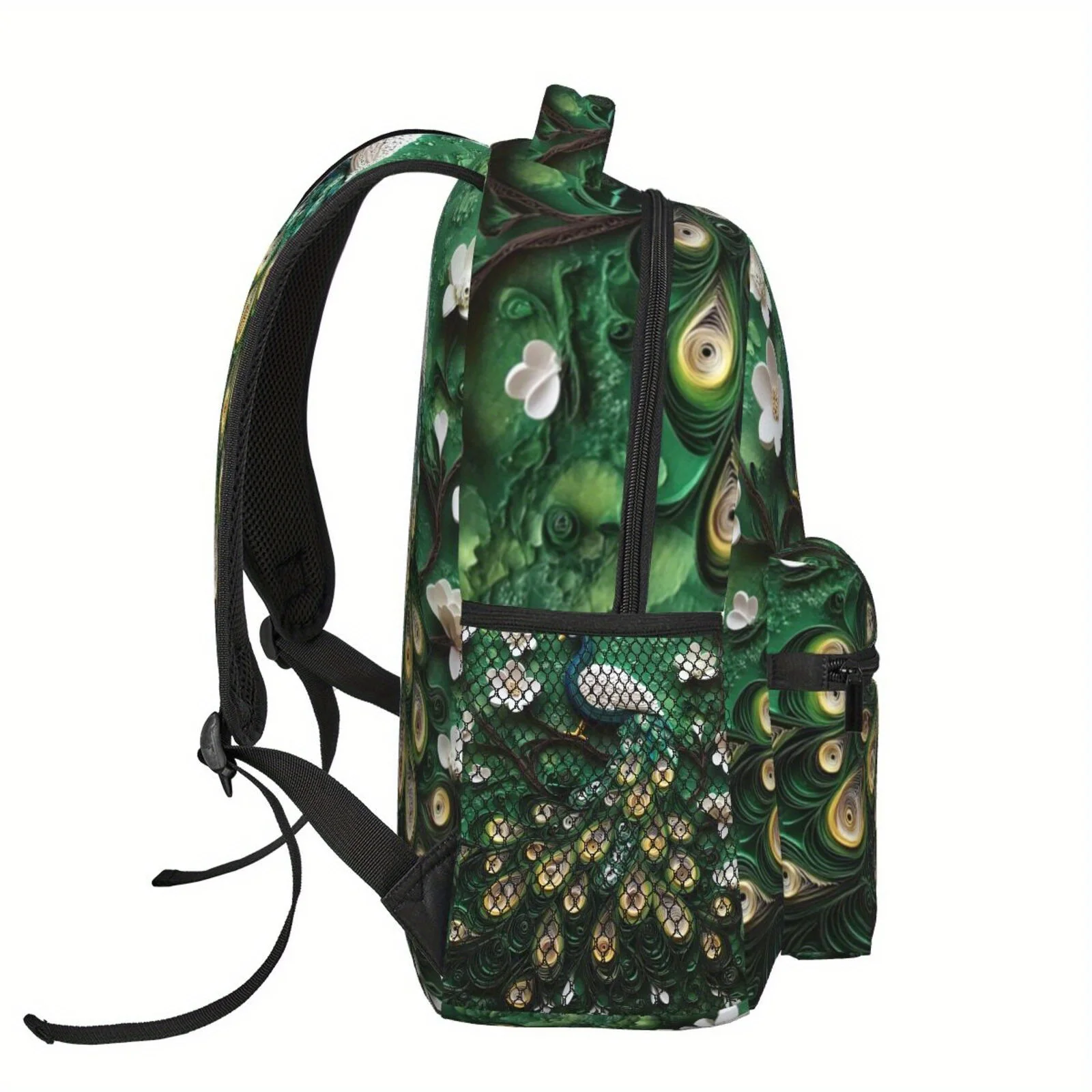 Full-Color Green Peacock Print Backpack Lightweight Multi-Functional Casual Sports Bag with Shoulder Straps Back