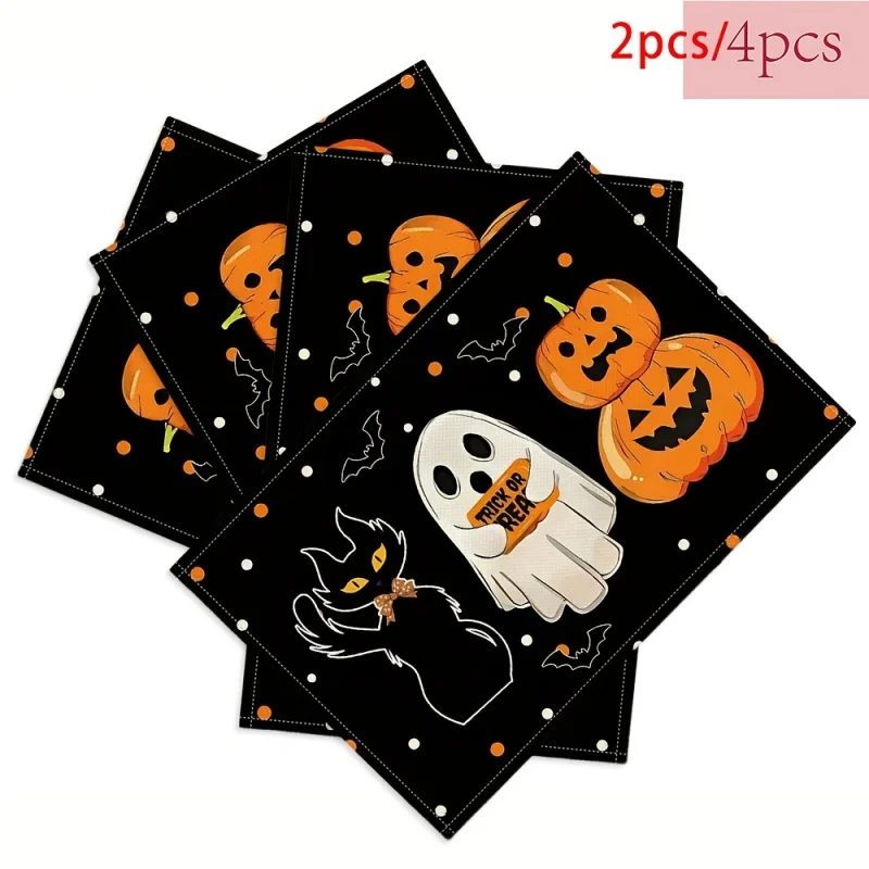 Halloween Boo Ghost Pumpkin Placemats, Fall Leaf Printed Linen Table Mats, Spooky Season Table Decor