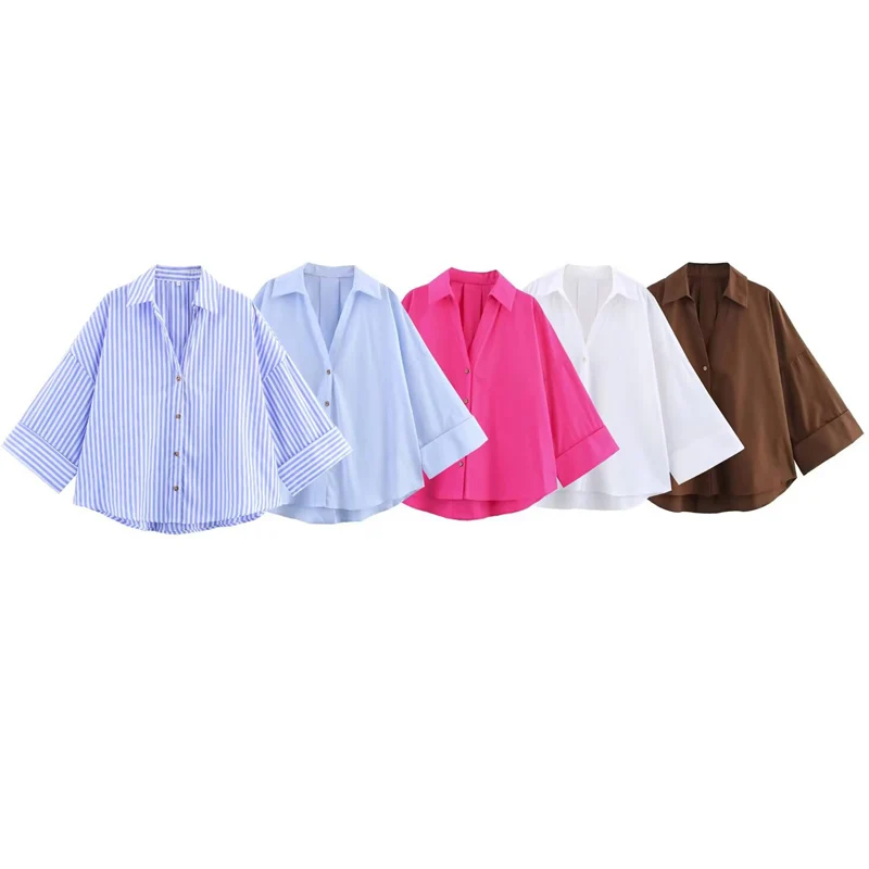 

HXAO 2025: женская рубашка, летние укороченные рубашки и блузки большого размера, белая, синяя, розовая, коричневая, полосатая рубашка, элегантные блузки с длинными рукавами