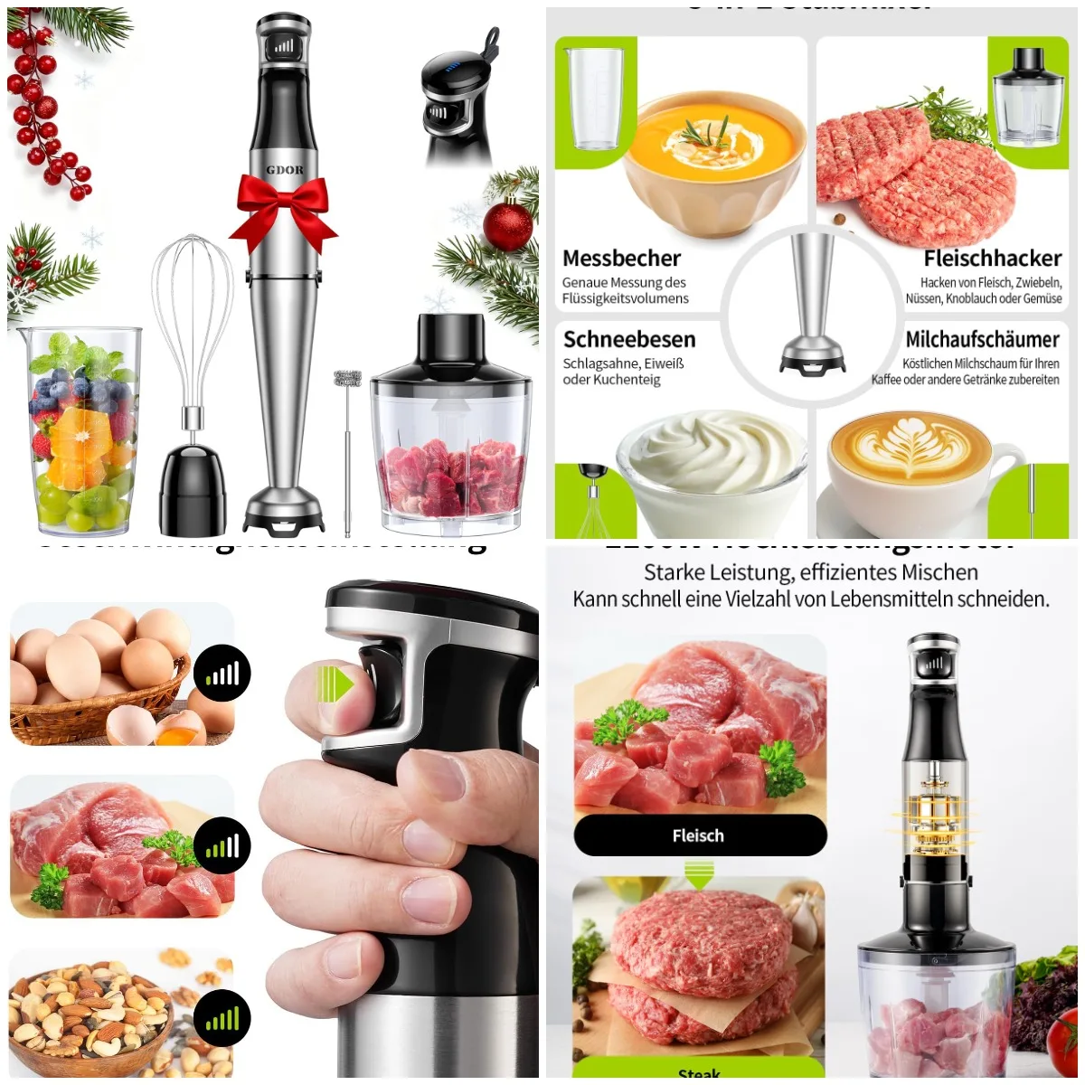 1100 W Pürierstab 5in1 Stabmixer Edelstahl, stufenlos adjustable, mit Schneebesen, Messbecher, Häcksler