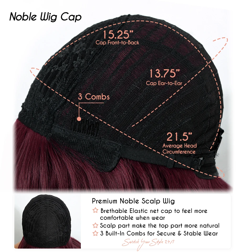 NOBLE 20 Zoll Burgunderrote Gerade Bob-Perücke mit Air Bangs, Hitzebeständige Synthetik-Perücke für Frauen, für den täglichen Gebrauch, Cosplay und Partys – Detail 8