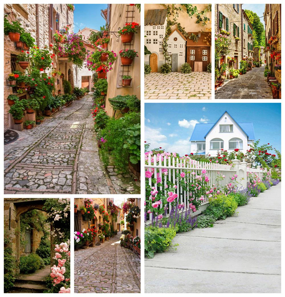 

Laeacco Old Town Potted Flower Vine Alley Corridor House Scenic Photo Backgrounds Photography Backdrops For Photo Studio