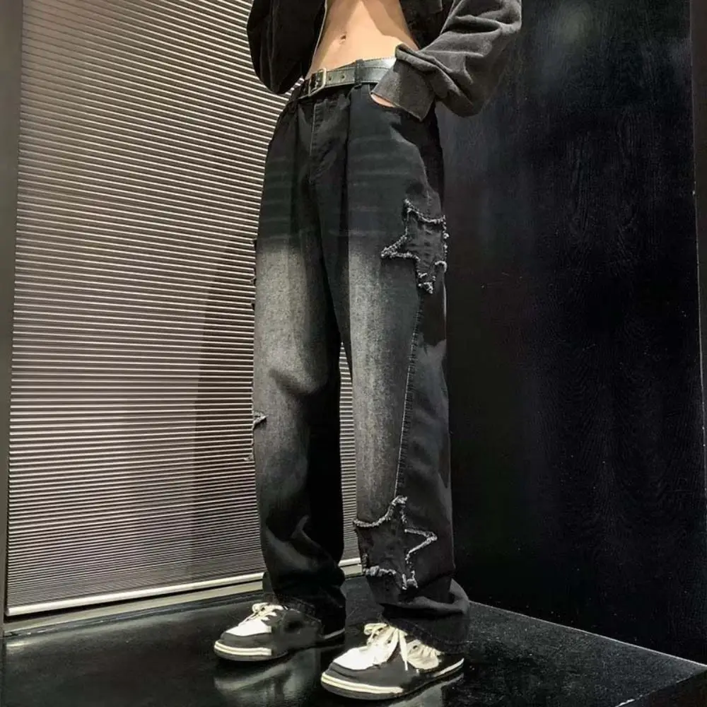 

Cool Wide Leg Stars Towel Jeans Pants HighWaist Loose Y2K Straight Trousers Ins Style Streetwear Baggy Casual Jeans Men