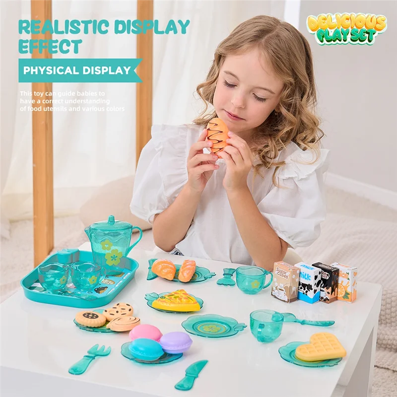 A19Q-33Pc Speelhuis Keuken Speelgoedset Kinderen Theekransje Speelset voor kinderen, Rollenspel Speelgoed met dessert en servies