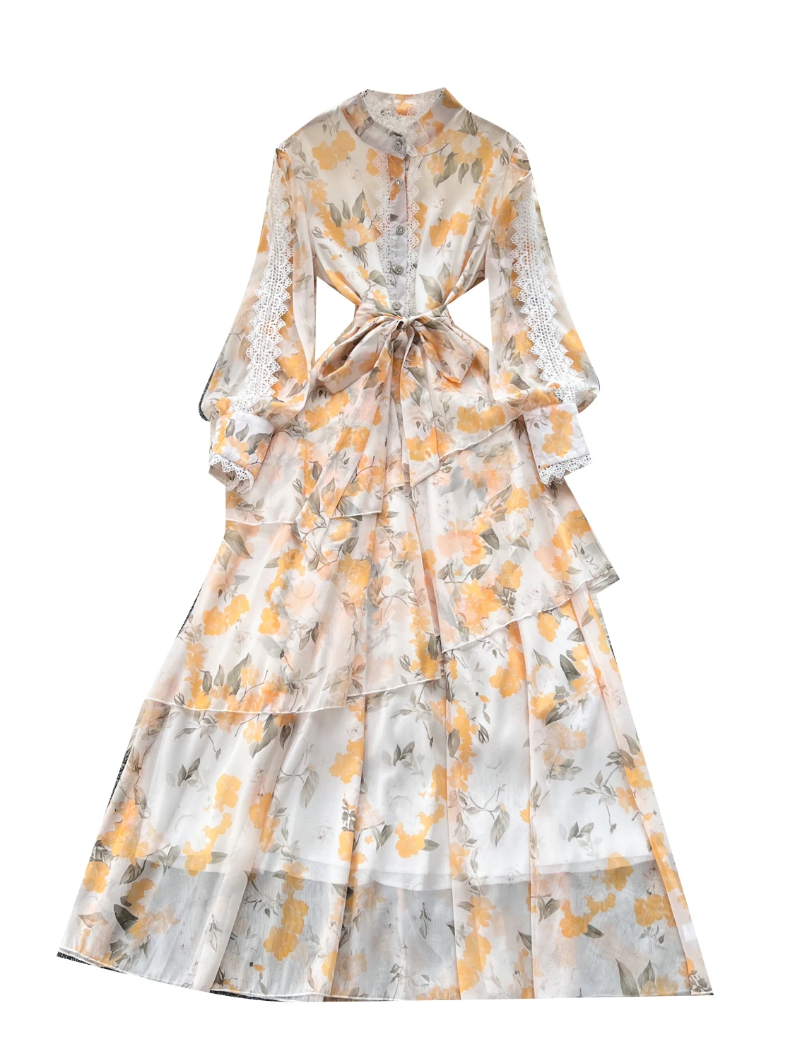 

Faionable Women's Long Dr 2025 New High Waist A-Line Lace Print Gored Hem Stand Collar Single Button Waist-Cinching