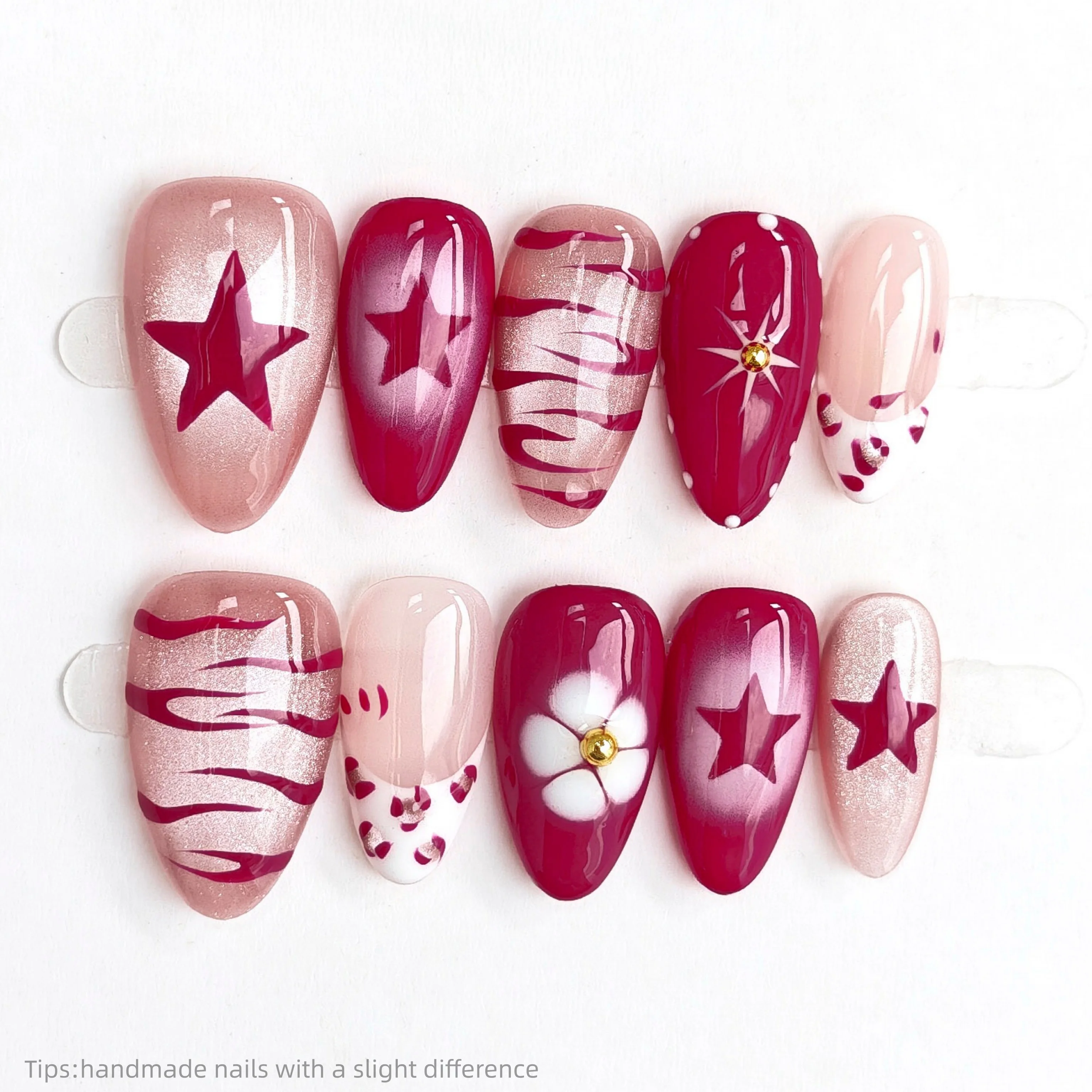 

10 шт. Накладные ногти ручной работы в стиле Y2K, красно-розовые, с принтом зебры и звезд, короткие, в форме миндаля, стильные, с цветочным декором, искусственные ногти