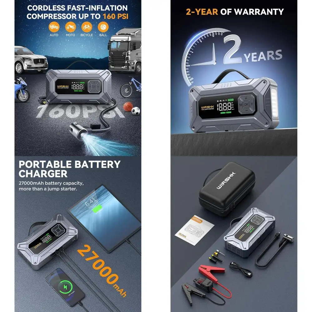 

Стартер с воздушным компрессором, автомобильный стартер 8000 А, 160 фунтов на квадратный дюйм (8,0 газ/10,0 л, дизельный стартер), аккумуляторные стартеры 12 В, портативный прыжок