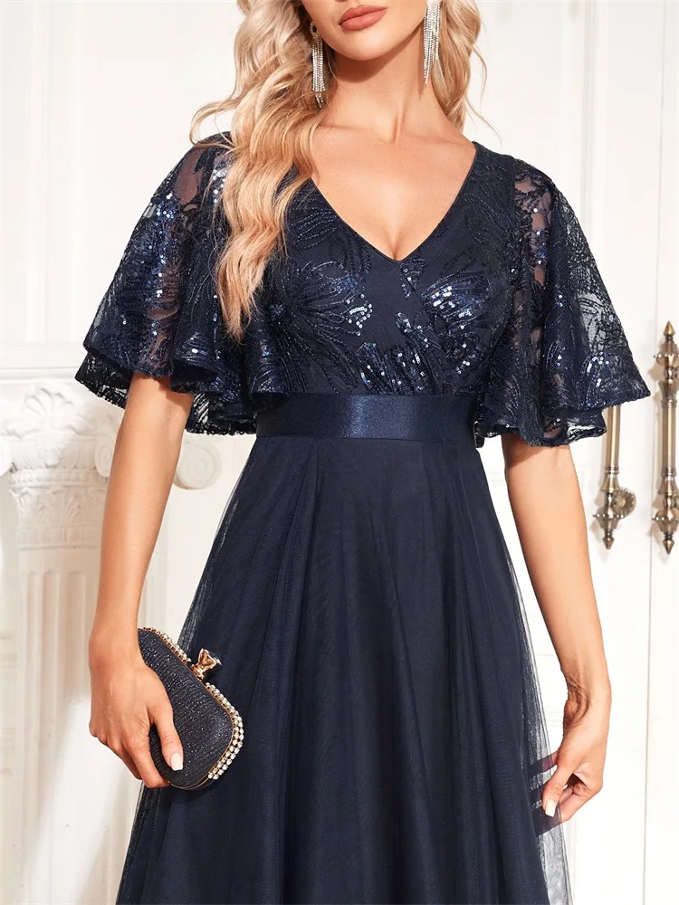 Lucyinlove-Robe de Soirée à Paillettes pour Femme, Col en V, Manches Courtes, Bleu, Élégante, Longueur au Sol, Bal, Cocktail, Luxe, Neuf