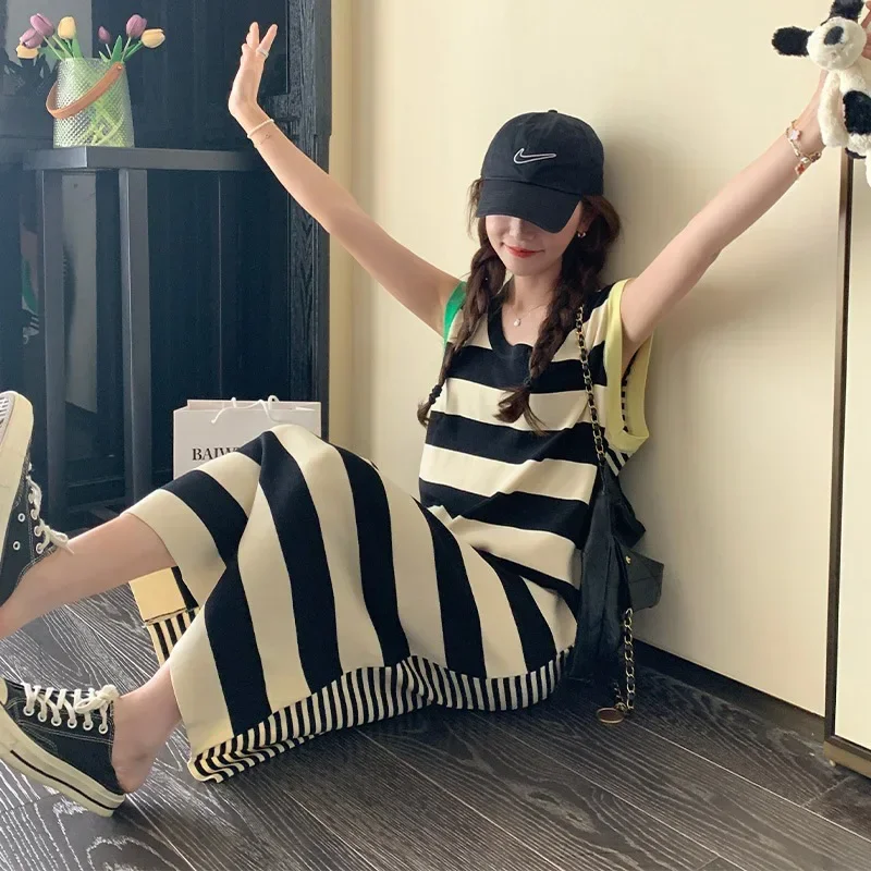 

Summer New French Stripe Women's Dress Casual Loose Fashion Sleeveless Dress Woman Sweet Ladies Street Chic Dress Female