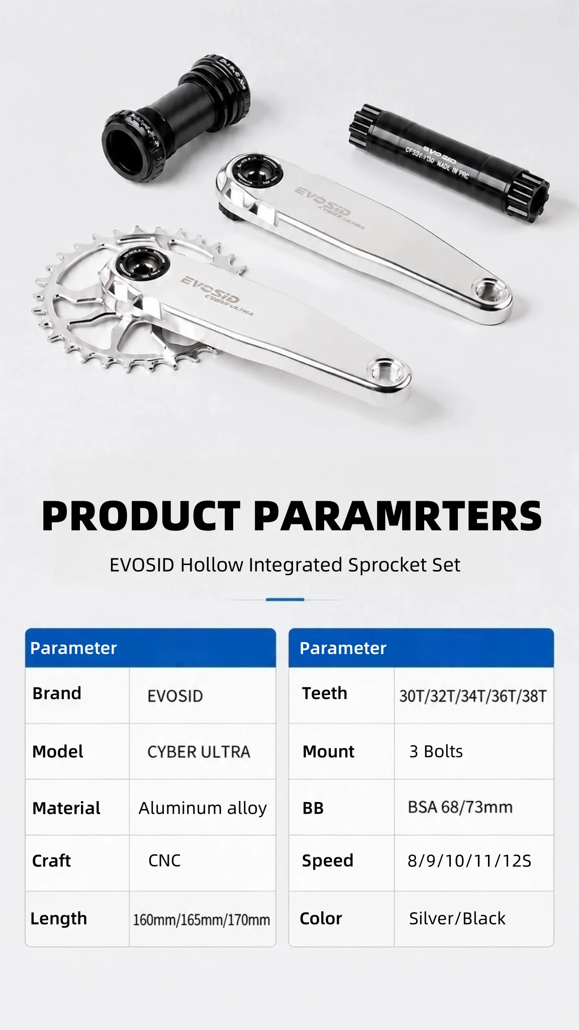 EVOSID MTB Fahrrad-Kurbelgarnitur 160165/170mm 3-Bolzen-Direktmontage AL Ultraleicht Mountainbike-Kurbel Kettenblatt 30-38T CNC für DH AM XC – Detail 2