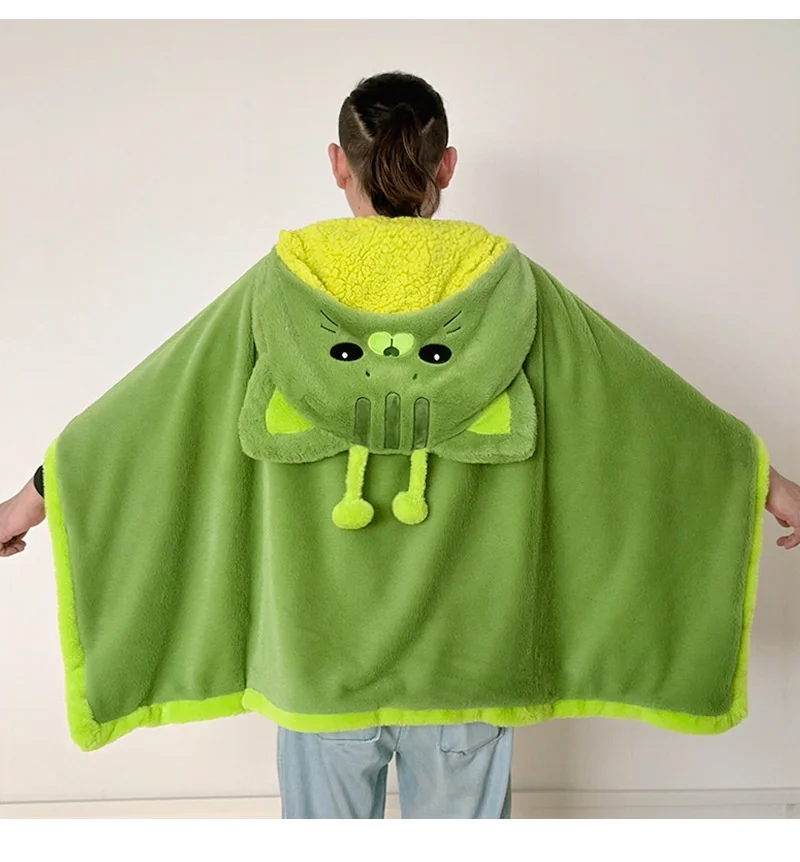 Cartoon Cute Alien Cat Hooded Blanket Plush Cloak For Winter Green Flannel Wearable Robe With Gloves Home Office Nap Girls Gifts - view 3