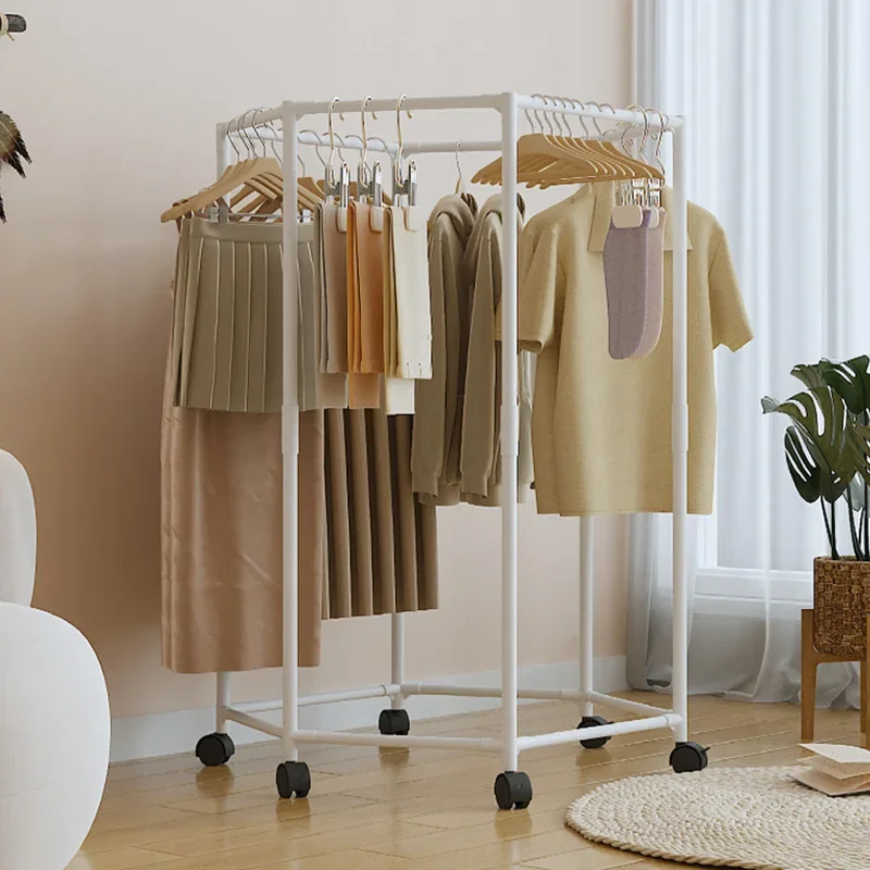 1pc Rotating Clothes Rack Home Metal Hexagonal Clothes Drying Rack Movable Balcony Bedroom Clothing Storage Rack With Pulleys