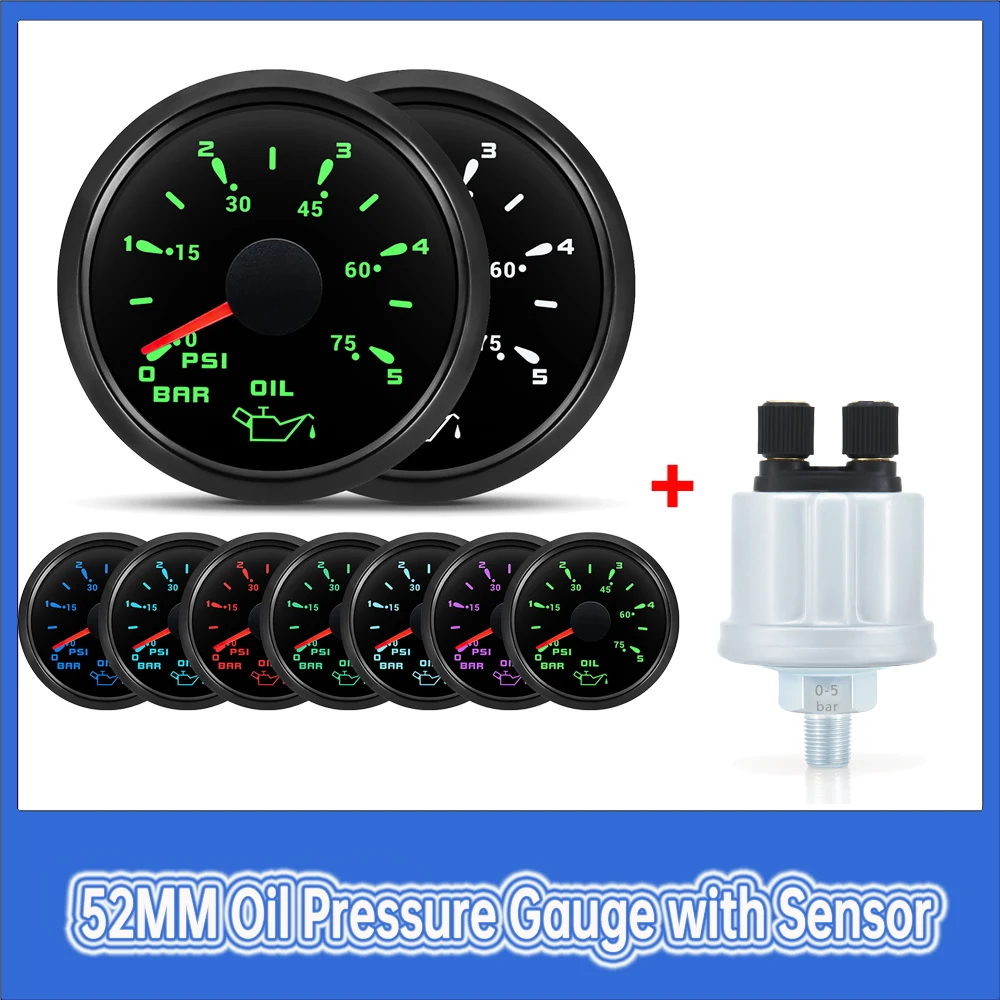 

0-5 Bar / 0-75PSI Oil Pressure Gauge with Sensor 7 Color Backlight Waterproof Car Oil Press Indicator for Marine Boat Yacht