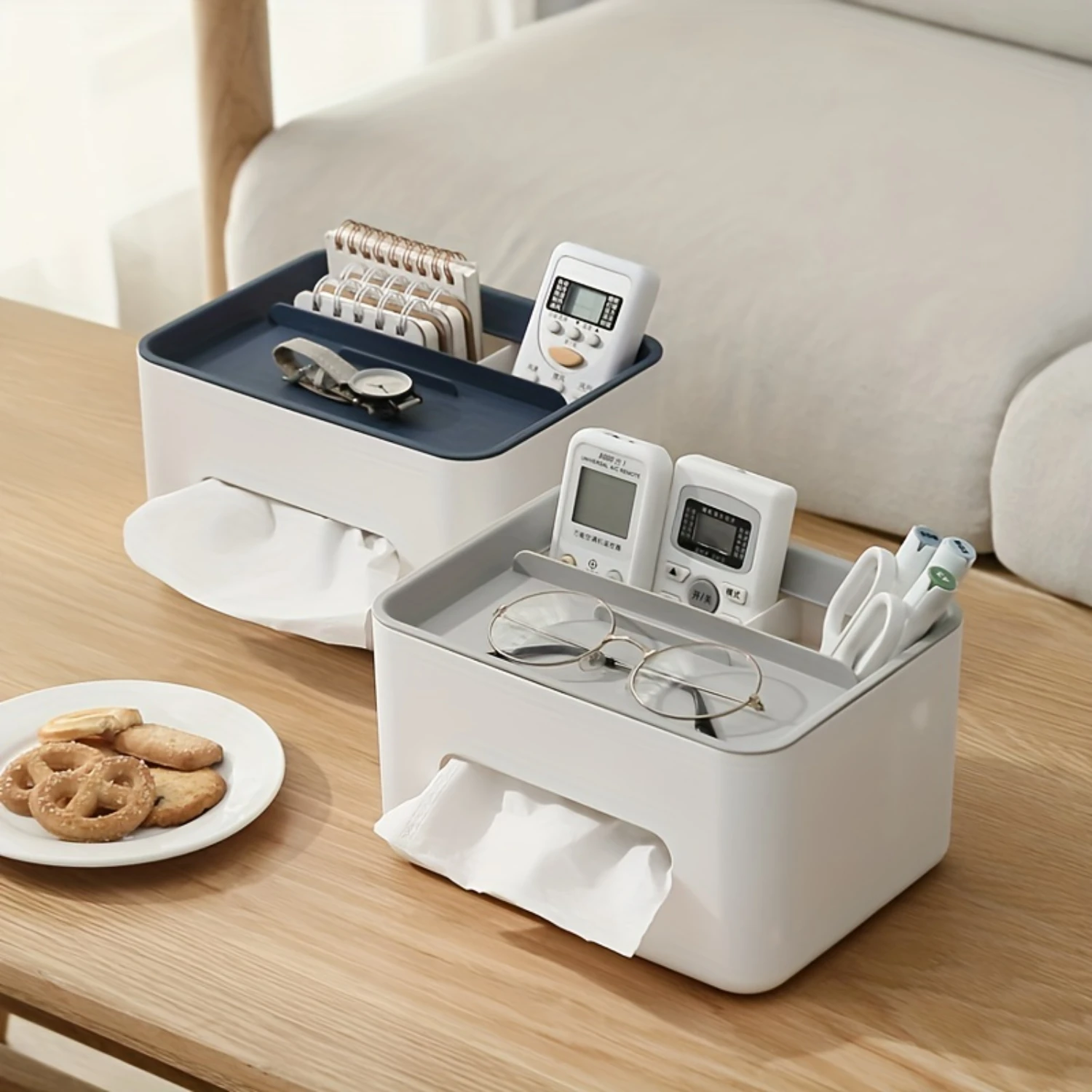 

1pc Versatile Desk Organizer with Tissue Holder & Drawer – Sleek Remote Control & Accessory Caddy for Office Efficiency