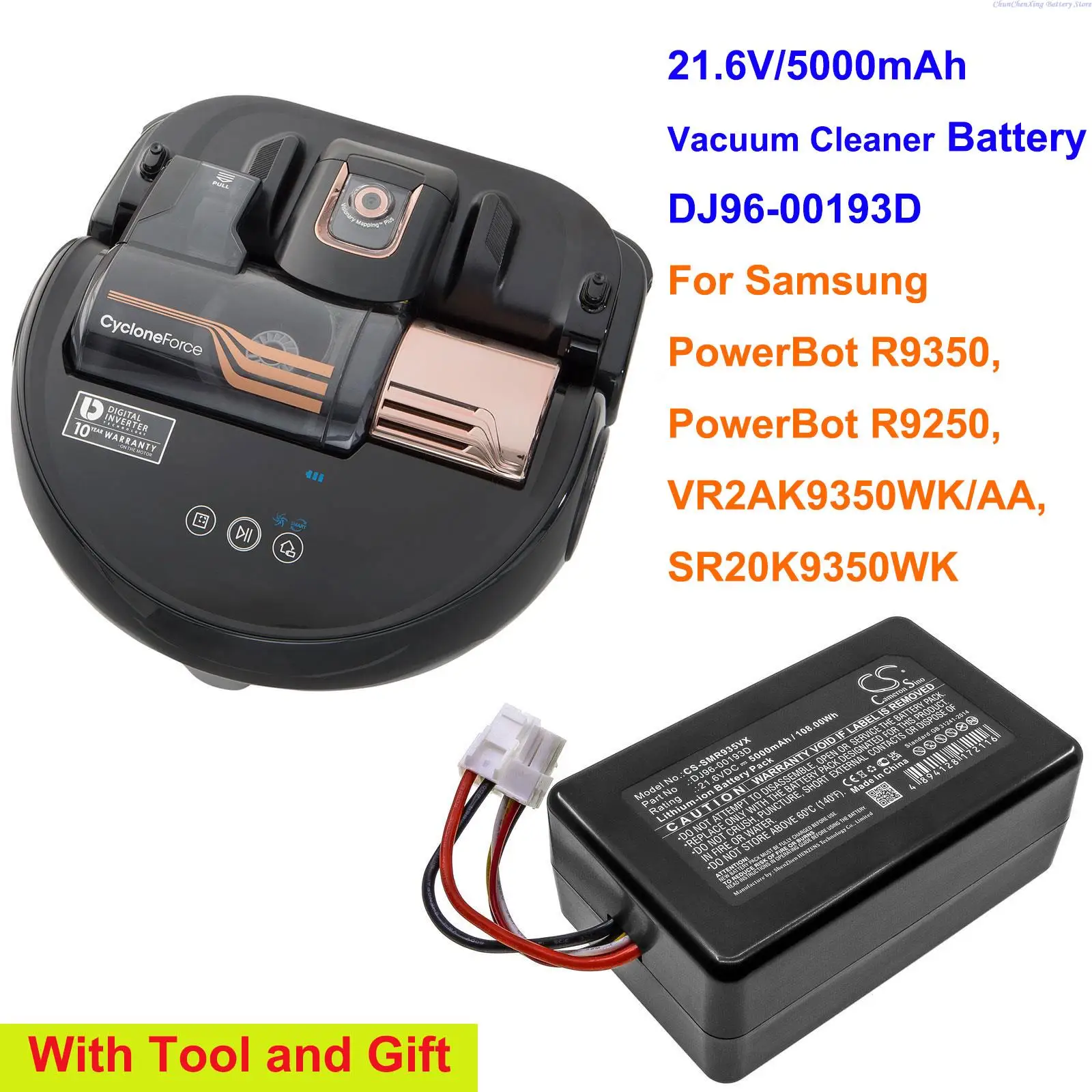 Cameron Sino 21.6V/ 5000mAh Vacuum Battery DJ96-00193D for Samsung PowerBot R9350, PowerBot R9250, VR2AK9350WK/AA, SR20K9350WK