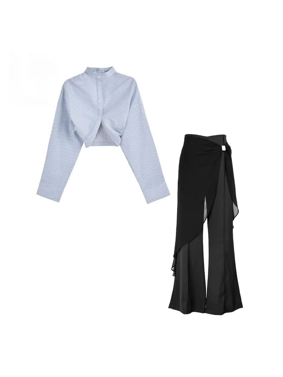 

Faionable Striped Sexy Waist Exposure irt Long Sve Micro Flared Suit Pants Early Spring Outfit Set Women 2026