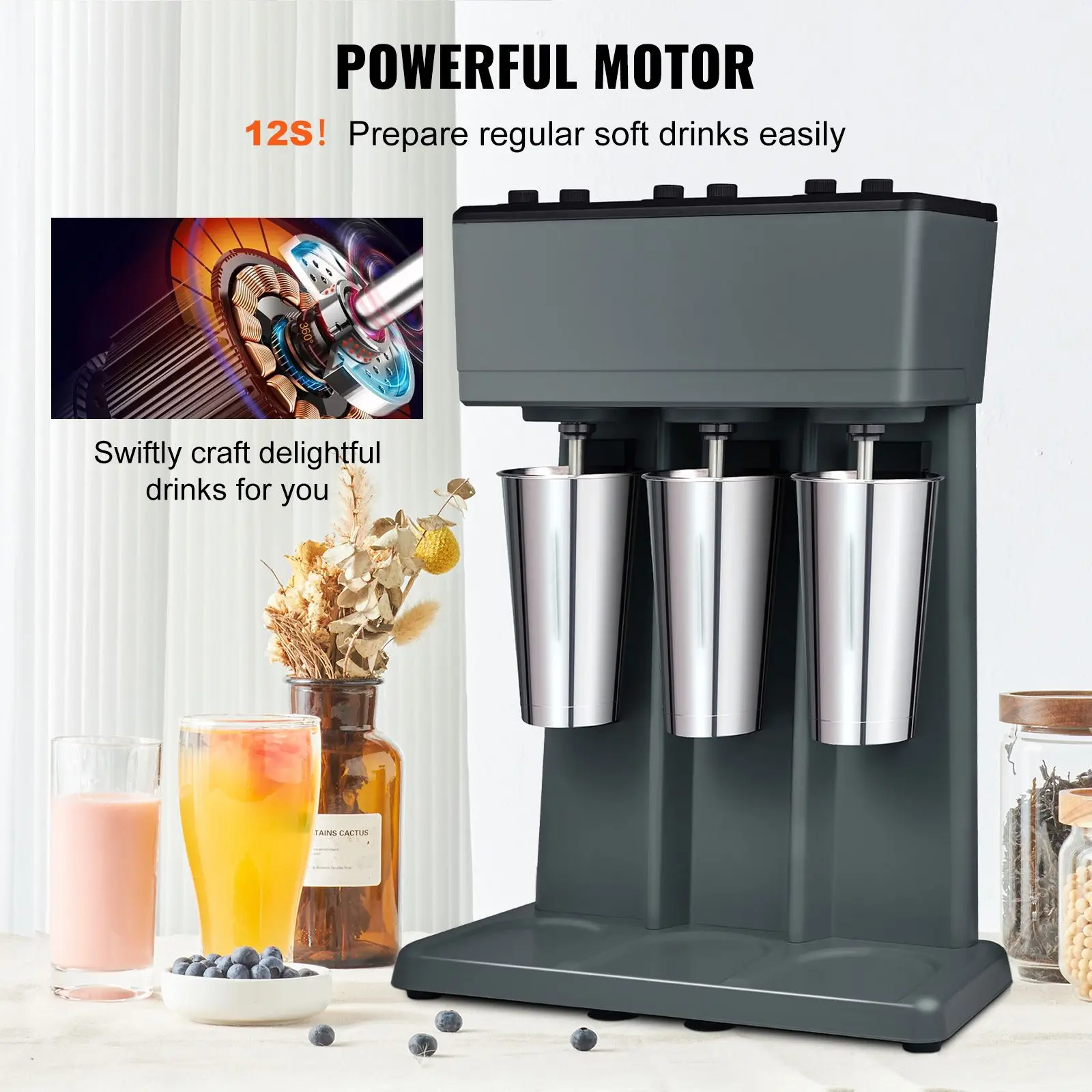 Milkshake Maker, 375W x 3 Electric Milkshake Machine, Triple Heads Drink Mixer Blender Machine, 3-Speed Milkshake Mixer with 3 x