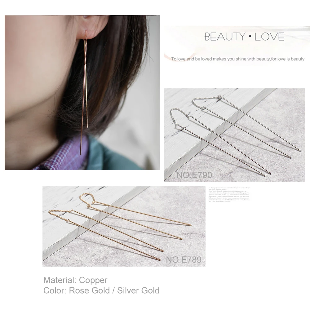 Simple Strip Bar Long Chain Drop Dangle Earrings Rose Gold Color Tessel Ear Line Fashion Jewelry Earring For Women E789