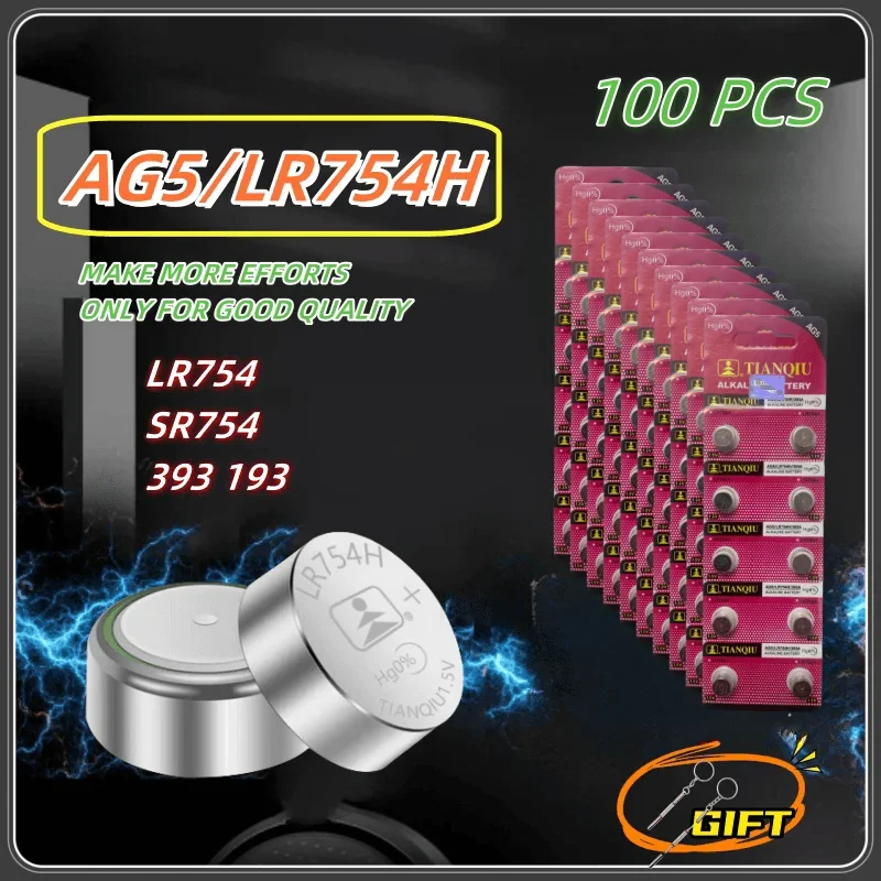 100PCS Button Batteries AG5 LR754 SR754 193 393 L754 SR754SW LR48 Round Cell Coin Alkaline Battery for Watch Toys Clock