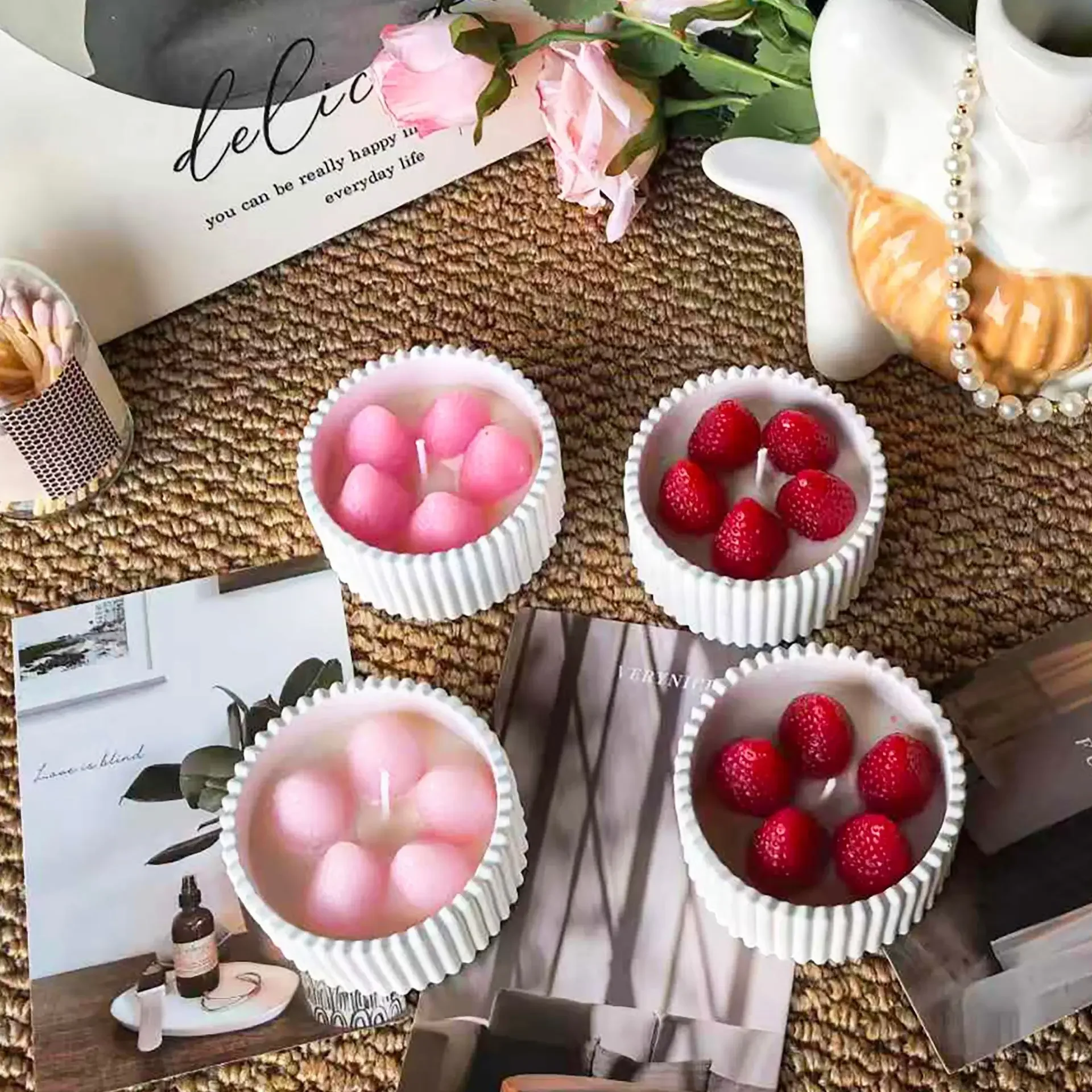 2pcs Strawberry Gypsum Bowl Scented Candle, Natural Essential Oil Aroma Cup Wedding Home Table Decor Gift