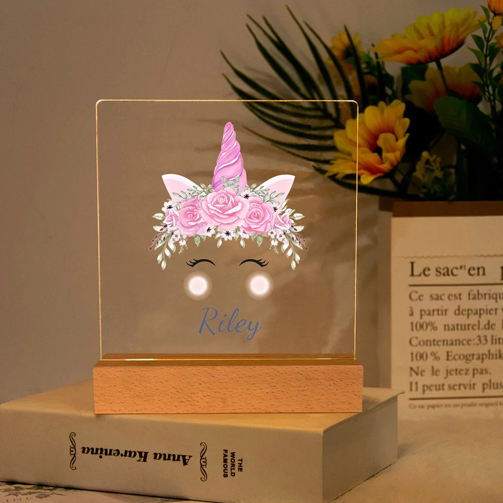 Personalized Name LED Custom Colorful Flower Love Unicorn Night Light USB 7 Colors 3D Nightlights Cartoon Acrylic Best Gifts